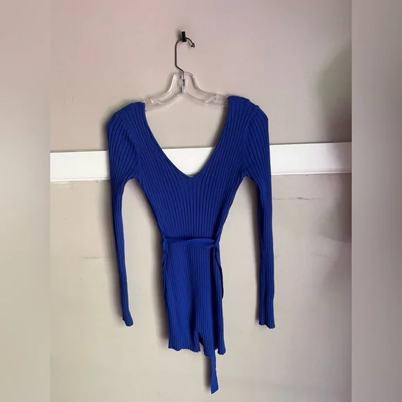 Fashion Nova Royal Blue Ribbed Long Sleeve Jumpsuit Romper - Picture 2 of 4